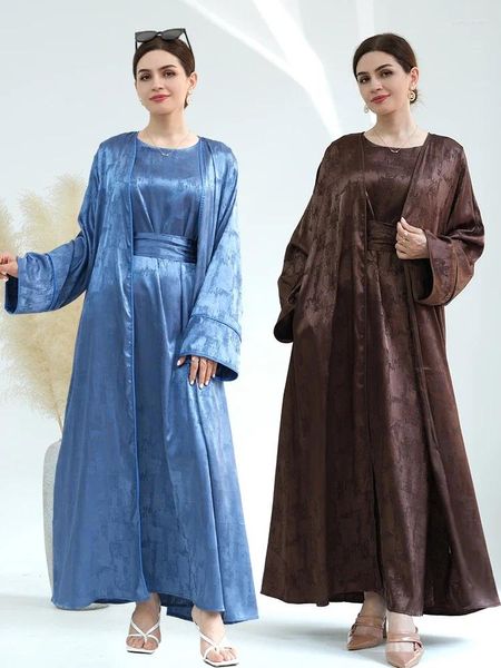 Roupas étnicas Eid Abaya Vestido de cetim de seda para mulheres 2 peças Set Mulher Imprimir Lace-up Party Abayas Ternos Ramadan Vestidos Robe Caftan Kaftan