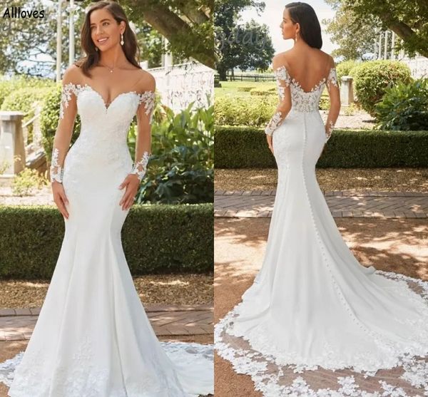 Modest cetim mangas compridas sereia vestidos de casamento boho jardim renda appliqued branco vestidos de noiva tribunal trem botões sem costas noiva segundo vestido de recepção cl2816