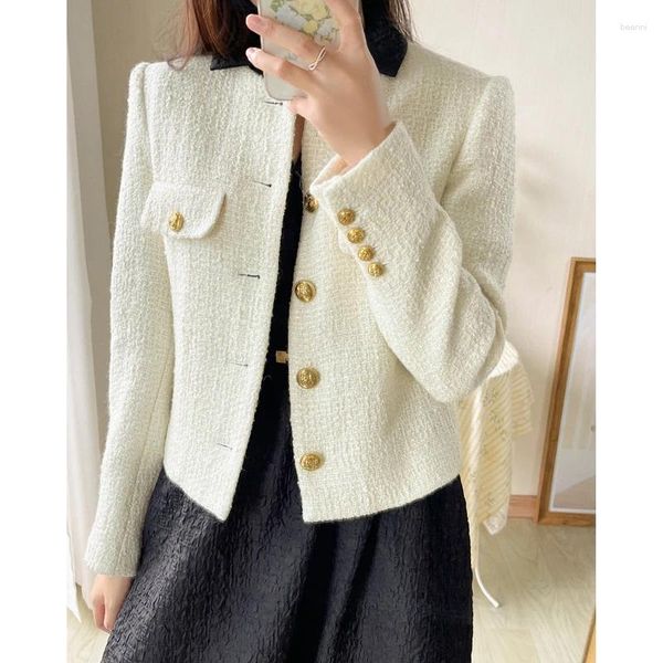 Jaquetas femininas High End Bege Tweed Casaco Curto Lã Lã Pequeno Terno Mulheres Outono e Inverno Manga Longa Cardigan Fragrância