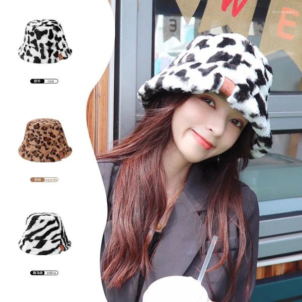 Berets Winter Mode Flauschigen Leopardenmuster Damen Breite Krempe Flache Kappe Großhandel Bequeme Warme Outdoor Trend Fischer Hut