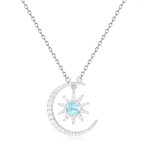 Catene GEM'S BALLET Collana sole e luna per donna 4x6mm a forma di pera Ciondolo Sunburst con topazio azzurro svizzero in argento sterling 925