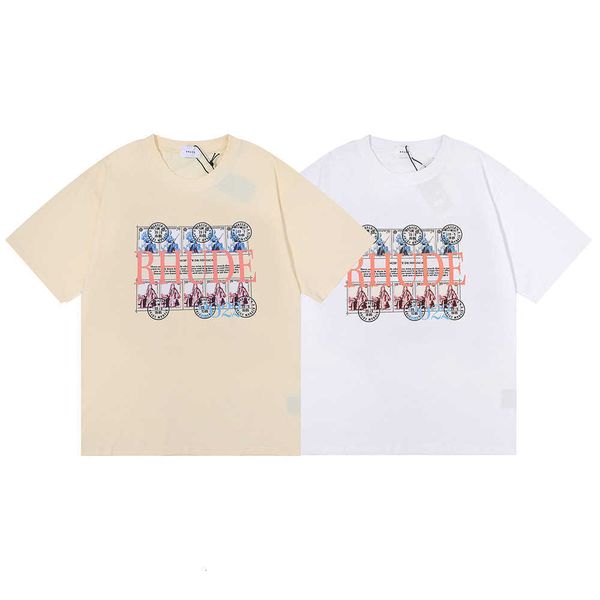 23ss Rhude T-shirt da uomo Tess Designer di alta qualità marchio di moda americano rhude pittura a olio orologio albero di cocco Stampa doppio filato puro cotone hip hop uomo e donnaGNA5