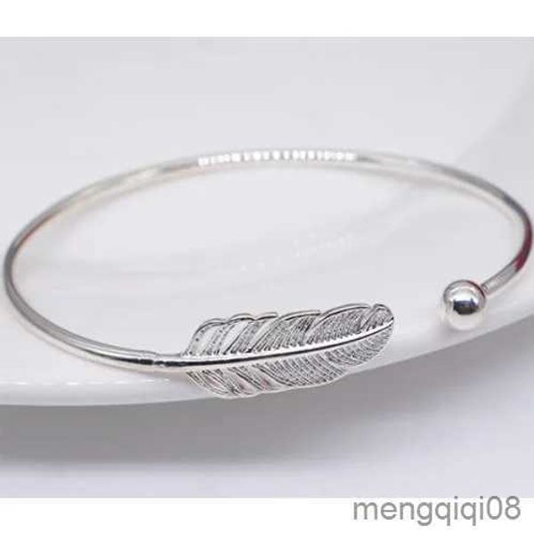 Bangle moda prata esterlina mulher manguito pulseira aberta pena ajustável sorte pulseira festa jóias presentes de natal r231025