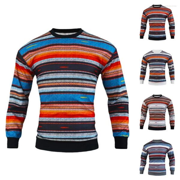 Maglioni da uomo Moda Vintage Waffle Girocollo T-shirt Maglione Manica lunga Stampa Strisce colorate per un uso casual versatilePer gli uomini