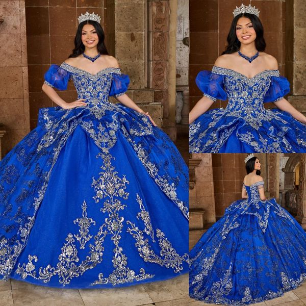 Kraliyet Mavi Balo Gown Boncuklu Quinceanera Elbiseler Sizli balo elbiseleri omuz yakalı Kısa Kollu Kısa Kollu Tatlı 15 Masquerade Elbise