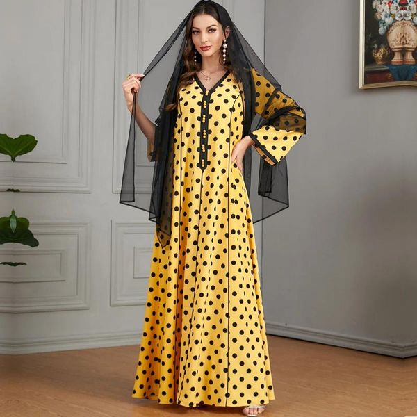 Vestidos casuais onda ponto áfrica turquia muçulmano abaya mulheres solta hemline saia noite vestido de festa elegante v-pescoço marrocos caftan abayas