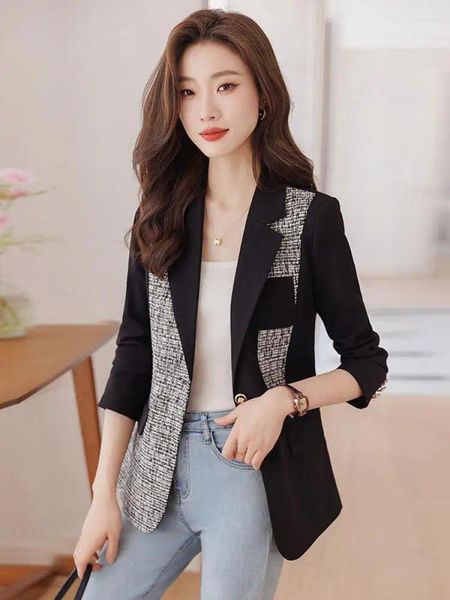 Ternos femininos senhoras vintage de alto nível manga longa trabalho blazer casaco primavera outono feminino temperamento preto branco retalhos terno jaqueta topo