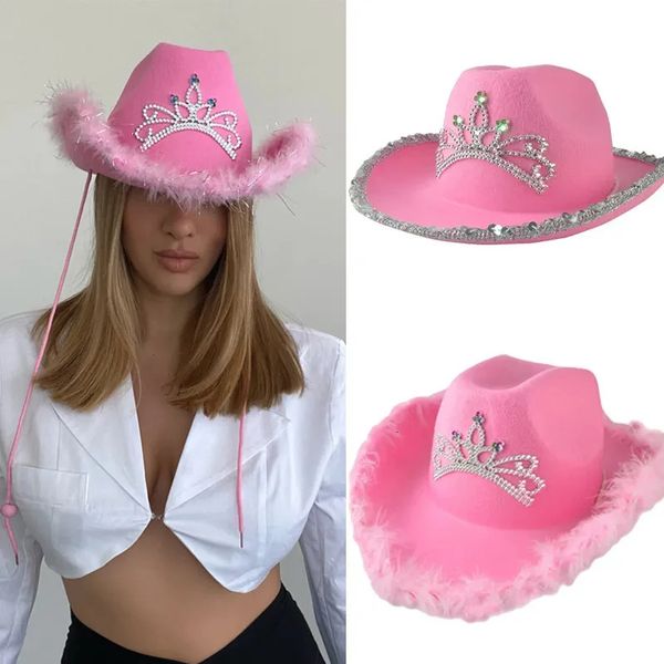 Cappelli a tesa larga Secchiello Y2K Rosa West Cowgirl per le donne Cow Girl Tiara Piuma Feltro Western Paillettes Cappello da cowboy Costume Party Play Dress Caps 231025