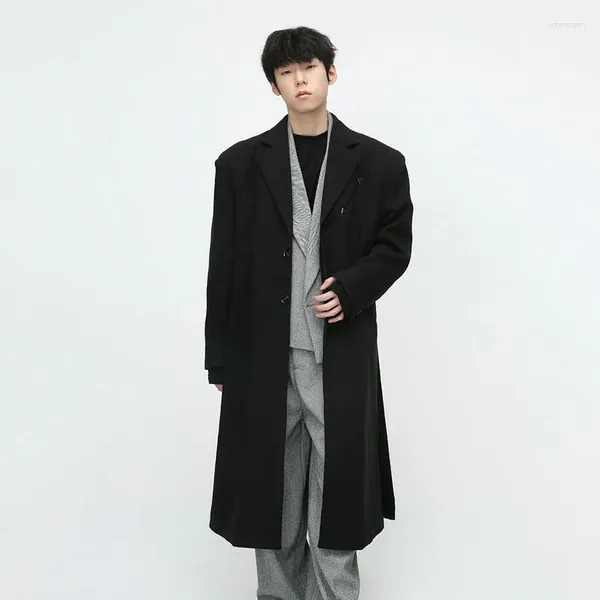 Casacos masculinos syuhgfa casaco longo moda outono inverno casaco estilo coreano ombro almofada solta sobre o joelho blusão tendência 2023