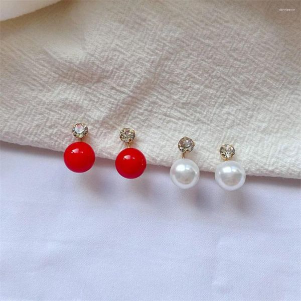 Brincos traseiros falso piercing vermelho branco simulado pérola cristal clipe para mulheres jóias redondas orelha manguito brincos presente de noiva