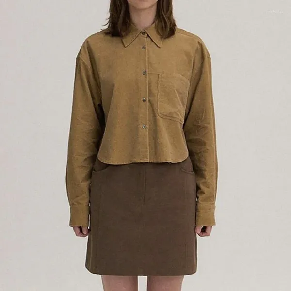 T-shirt da donna Retro camicia di velluto a coste in cotone camicetta per donna autunno manica lunga elegante donna streetwear 2023 top corti