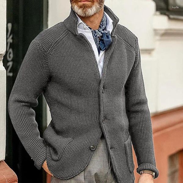 Camisolas masculinas outono malha mens cardigan botão de alta qualidade mock pescoço camisola homens moda terno colarinho emagrecimento masculino cardigans