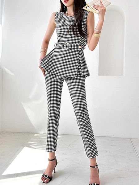 Calças femininas de duas peças verão elegante xadrez negócios pantsuit mulheres sem mangas camisas casuais blusas e roupas femininas moda coreana 2