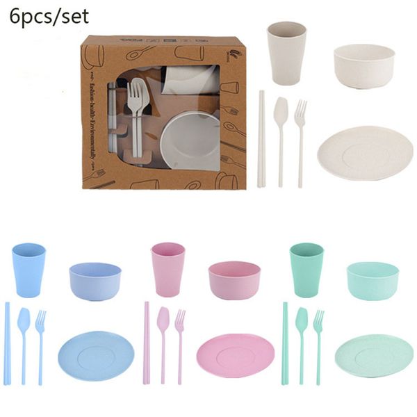 Set di stoviglie in paglia di grano Set di stoviglie infrangibili lavabili in microonde, 6 pezzi/set Piatti da campeggio leggeri, piatti, tazze, ciotole per cereali