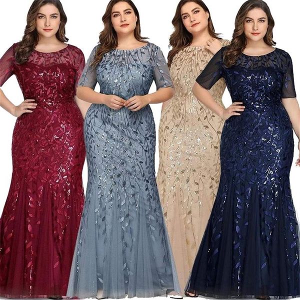 Plus Size Pailletten Mesh Meerjungfrau Schlank Abendkleid Perlen Blätter Muster Formale Frauen Elegante Party Prom Kleider Kurzarm 220601303O