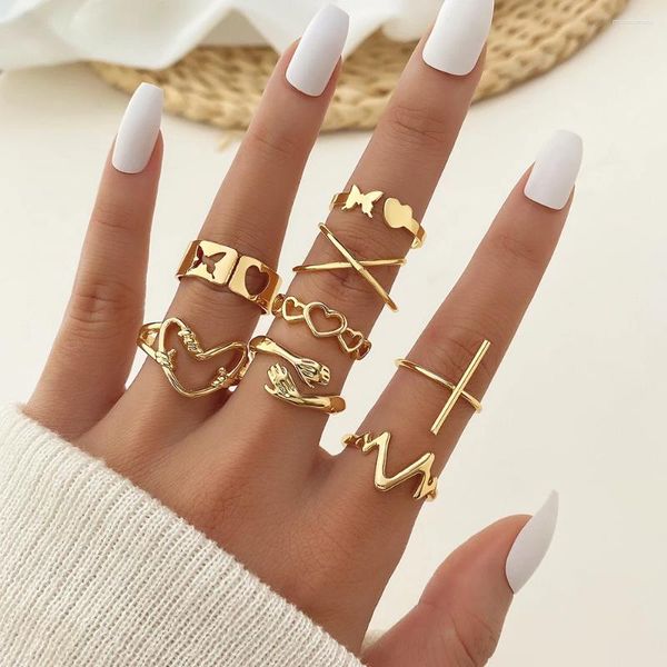 Cluster Ringe Punk Gold Farbe Metall Damen Ring Schmetterling Höhlte Herz Hand Umarmung Kreative Finger Mode Schmuck Geschenke