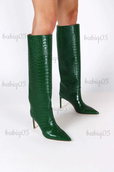 Bottes noir bleu vert 2023 piste femmes genou bottes à talons hauts talons aiguilles fête grandes bottes d'hiver bout pointu chaussures T231025