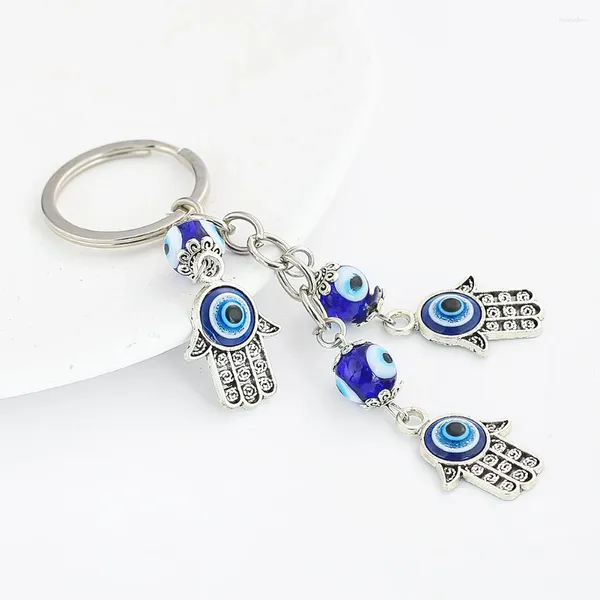 Chaveiros Azul Evil Eye Fátima Mão Chaveiro Liga Hamsa Palma Turca Sorte Proteger Charme Trinket Chaveiro Carro Chaveiro Amuleto Pingente