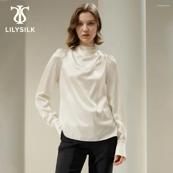Kadınlar bluzları Lilysilk İpek Bluz Kadınlar için 2023 Güz 22 Momme Puff Sleeve Düğmesi Tasarım Yüksek Neck Üst Ofis Kıyafetleri