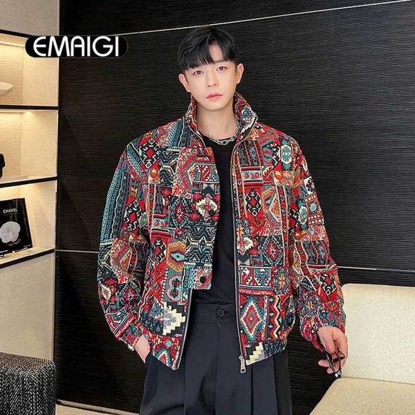 Jaquetas masculinas padrão vintage jacquard solto casual jaquetas curtas coreano streetwear nicho moda casaco primavera outono outerwear yq231025