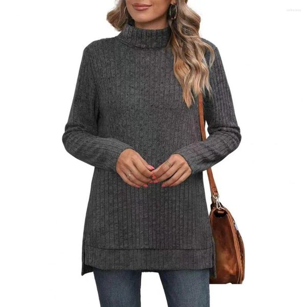 Camicette da donna Camicetta lavorata a maglia Donna Dolcevita casual Spacco laterale Maniche lunghe Tinta unita Loose Fit Autunno Pullover femminile Top 2023