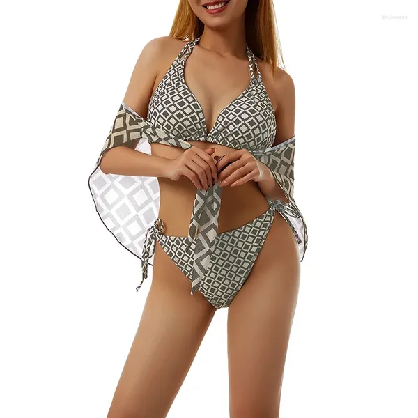 Kadın Mayo Yaz 3pcs Bikinis Seti Rhombus ekose kadınlar mayo Bikini Bikini Bra Yüzme Kılavuzları Bağlantı Plaj etek Sarong Mayo Takım