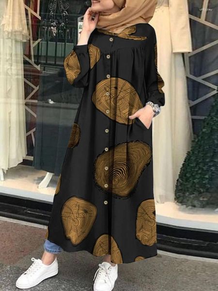 Этническая одежда, мусульманское платье макси с принтом Рамадана, женское Абая, исламская повседневная рубашка с длинными рукавами, Vestidos, женский халат на пуговицах, лето 2023