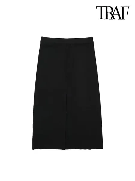 Röcke Frauen Mode Zurück Vent Stricken Midi Rock Vintage Hohe Taille Mit Elastischen Bund Weibliche Mujer