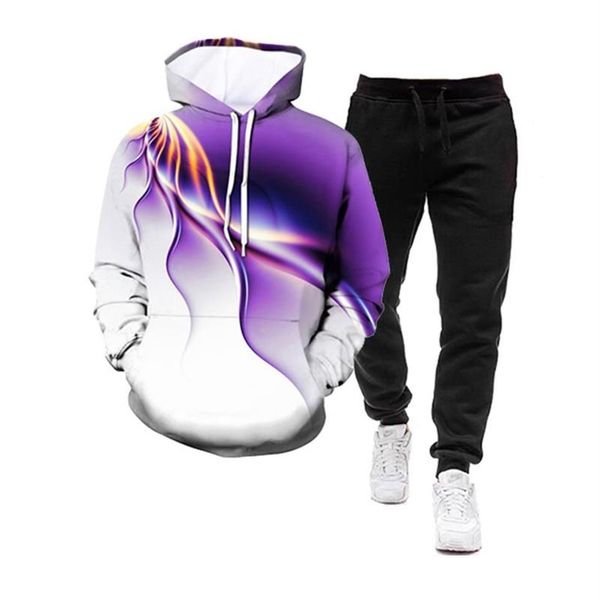 Herren-Trainingsanzüge Herbst-Trainingsanzug 2-teiliges Oberteil und Hose Lila Weiß Herren-Trainingsanzüge Set 3D-Druck Plus Size Hoodie Jogger S254L