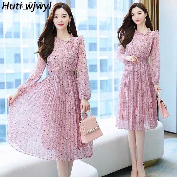 Grundlegende Casual Kleider Frauen Rosa Chiffon Strand Midi Kleid Frühling Herbst Neue Koreanische Elegante 2023 Vintage Bodycon Party Langarm vestido YQ231025