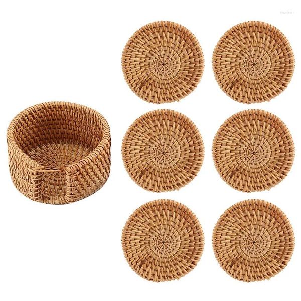 Tischsets 6 Teile/los Kreative Getränke Untersetzer Set Für Tee Zubehör Runde Geschirr Tischset Gericht Matte Rattan Weben Tasse Pad 8 cm