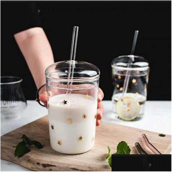 Canecas Canecas 460ml Copo de vidro resistente ao calor Caneca de café transparente com tampa St Home Leite Suco Flor Chá Viagem Beber Home Garden Kit Dhjif