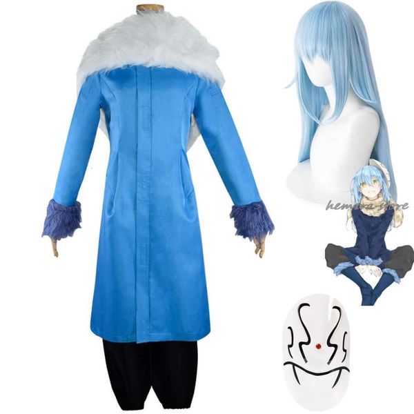 Cosplay anime daquela vez eu reencarnei como um slime rimuru tempest cosplay traje peruca azul longo gola de pele casaco máscara homem terno de festa