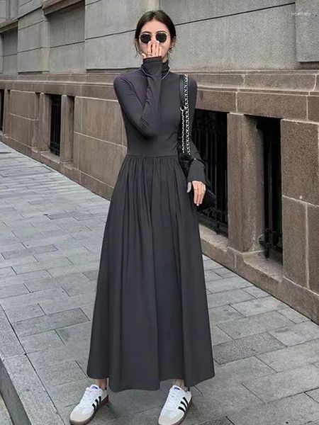 Casual Kleider Herbst Langes Kleid Frauen Koreanische Mode Hülse Weibliche Elegante Hohe Kragen Maxi Damen Vintage Chic Solide Robe