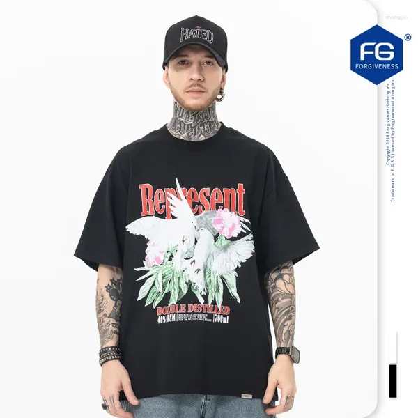 Camisetas masculinas verão 2023 manga curta camiseta temporada 6 da paz flor fuzzy impressão em torno do pescoço