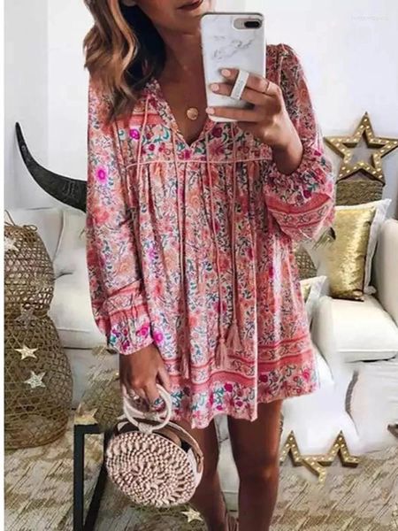 Vestidos casuais vintage chique mulheres rosa floral impressão tassel praia boêmio mini vestido senhoras verão boho rayon algodão robe