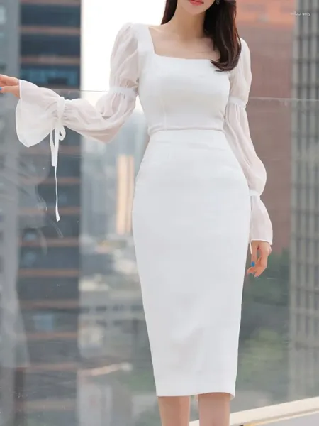 Повседневные платья, осеннее женское модное элегантное облегающее белое платье с длинным рукавом, винтажное тонкое однотонное вечернее деловое платье, женский халат