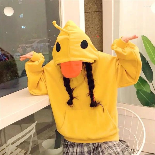 Hoodies femininos kawaii solto com capuz manga longa bonito adolescente topos estilo coreano 2023 moda inverno amarelo casual pulôver macio feminino