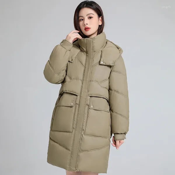Casacos de trincheira femininos inverno casaco frio com capuz 2023 moda grossa quente longo parkas feminino estilo coreano preto acolchoado para baixo jaquetas