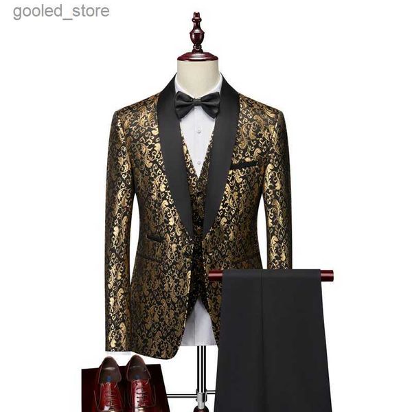 Herrenanzüge Blazer Herren Luxus Gold Jacquard Anzug 2 Stück Set Business Bankett Partykleid 2023 Neue Mode Hochzeitsanzüge für Männer Q231025