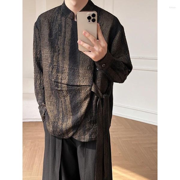 Camicie casual da uomo SYUHGFA Camicia stile cinese Elegante sfumatura di colore Maschile Manica lunga Top Colletto alla coreana Doppio petto Con lacci