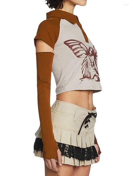 Damen Polos Damen Y2k Kariertes Minirock-Set mit passendem Crop-Top und Armärmeln für Party-Streetwear
