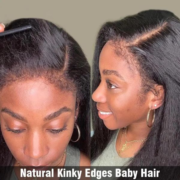 Kinky em linha reta perucas de cabelo humano sem cola 4c bordas crespos completo hd peruca frontal do laço 360 150 densidade yaki peruca dianteira do laço reto à venda