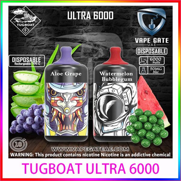 Authentic Tugboat Ultra 6000 puffs descartáveis Vape Pen E Cigarette Dispositivo recarregável 6000mAh Bateria 15ml 14 cores Pod pré-preenchido Crazvapes