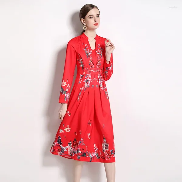 Abiti casual 2023 Autunno Fiore rosso Abito longuette Vintage Elegante Donna Scollo a V Manica lunga Stampata a vita alta Abiti da festa femminili