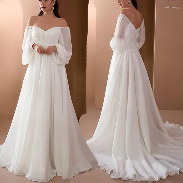 Lässige Kleider Damen Weißes Hochzeitskleid, schulterfrei, Puffärmel, gerafft, eleganter Abschlussball, rückenfrei, bodenlanges Abendkleid