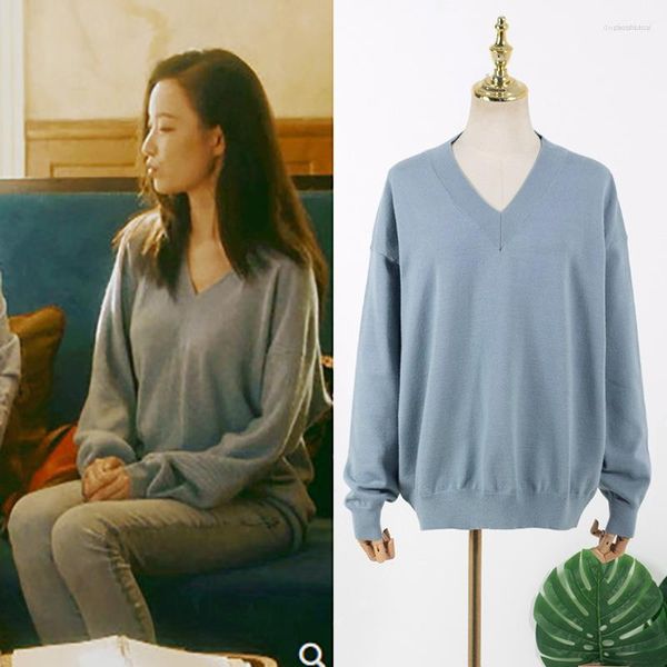 Женские свитера, женские свитера Kpop IU Seo Yea Ji, ранняя весна, свободный светло-голубой пуловер с v-образным вырезом, женский уличный модный свитер с длинными рукавами