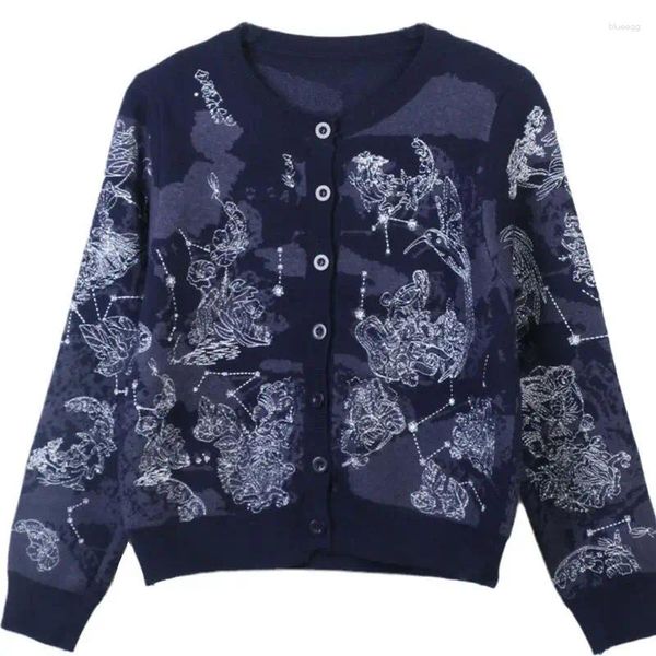 Malhas femininas pista vintage flor bordado o-pescoço azul marinho blusas casaco moda manga longa solta malha cardigan roupas de marca 2023