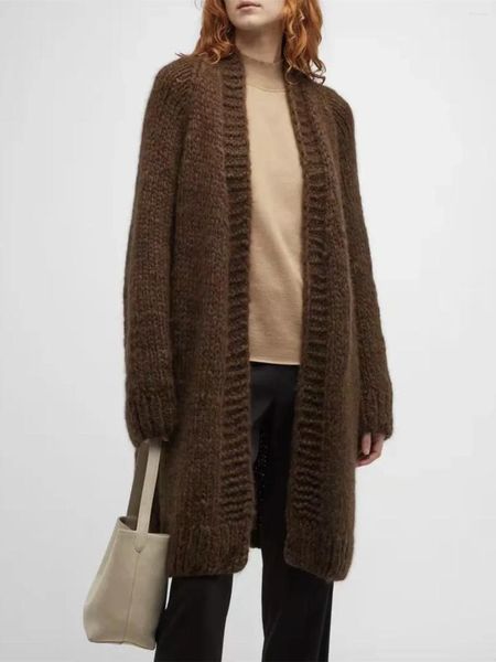 Женский вязаный шерстяной вязаный кардиган средней длины, коричневый осенне-зимний женский свитер с длинными рукавами, пальто