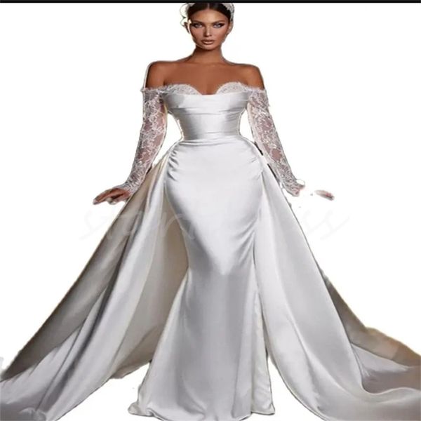 Lindo vestido de noiva minimalista sereia com cauda destacável cetim macio Dubai Árabe Boho Garden Vestidos de noiva Fada Gatsby Noiva Country Vestidos de Novia 2024